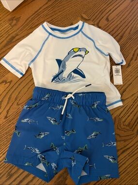 Old Navy White & Blue Shark Rashguard Swim Set